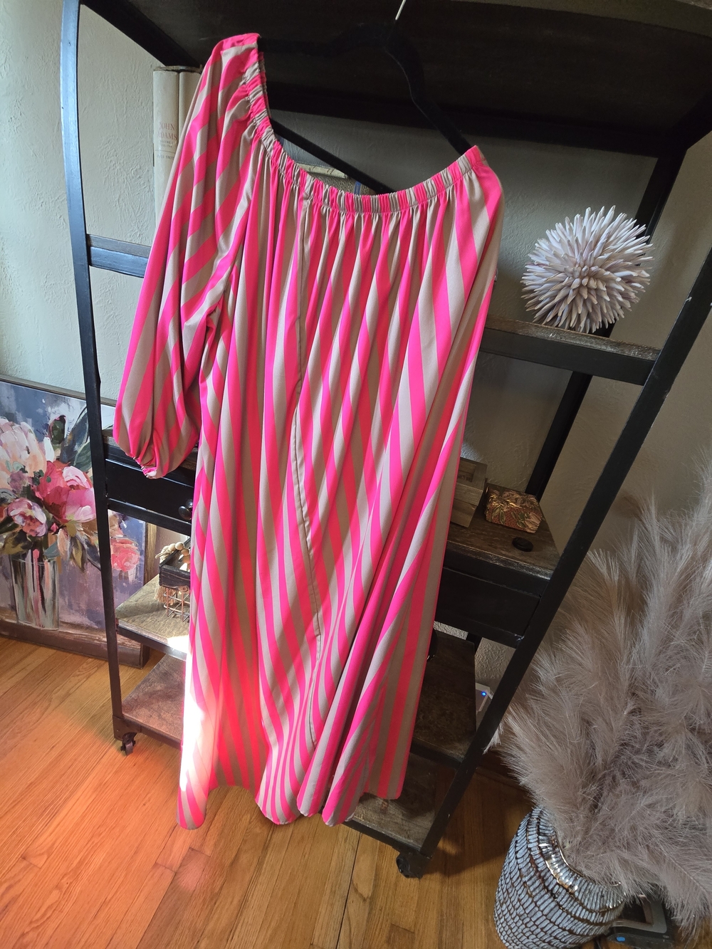 Off-Shoulder Striped Maxi Dress in Hot Pink and Cream
